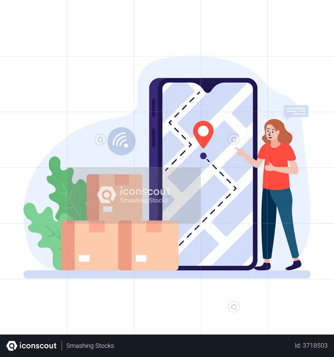 Femme suivant le lieu de livraison à l'aide d'une application de suivi  Illustration