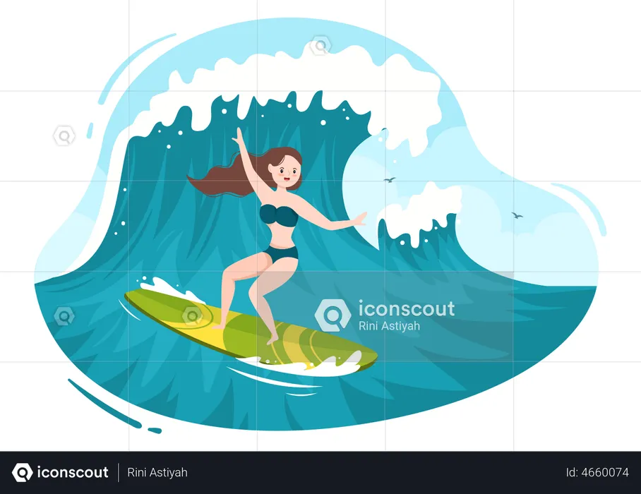 Femme surfant en mer  Illustration