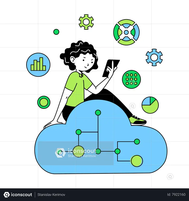 Femme surveillant les données dans le cloud  Illustration