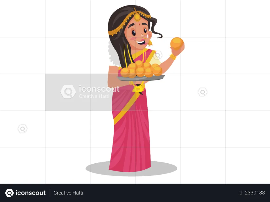 Femme tamoule tenant une assiette de laddoo dans sa main  Illustration