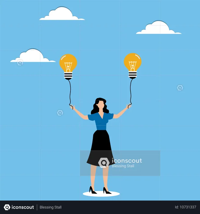 Femme tenant des ampoules et des ballons  Illustration