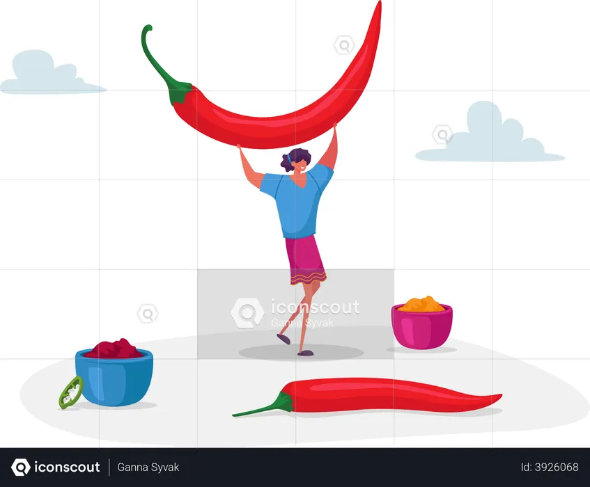 Femme tenant du piment jalapeno rouge pour faire de la sauce piquante  Illustration