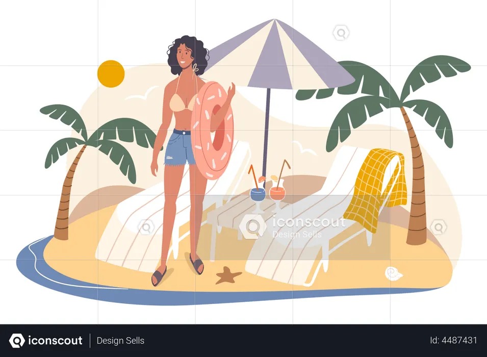 Femme tenant un anneau en caoutchouc sur la plage  Illustration