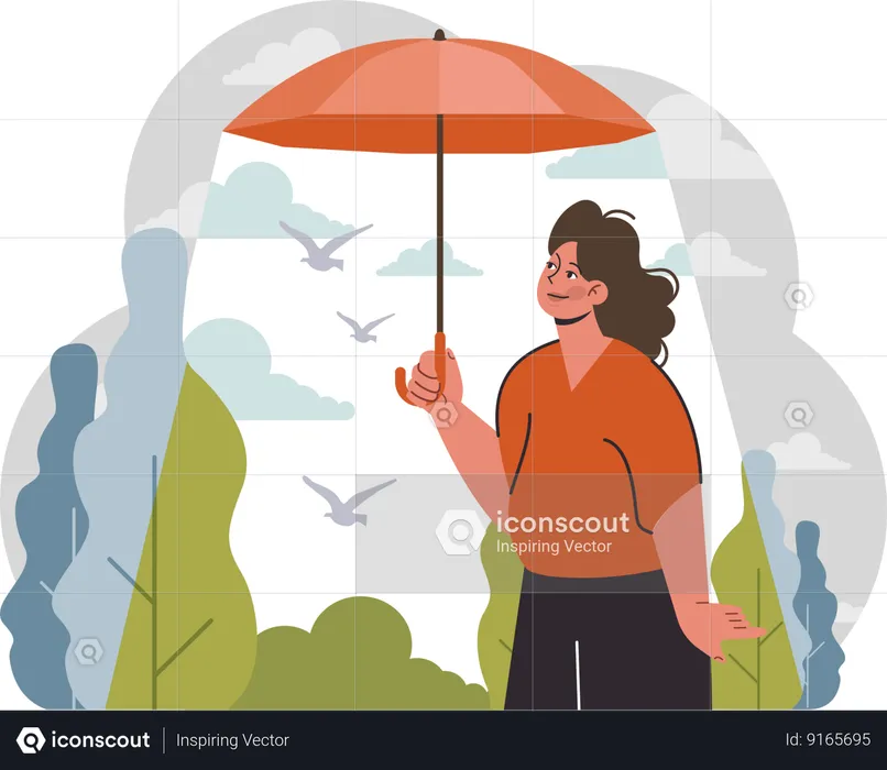 Femme tenant un parapluie et sortant tout en profitant de la nature  Illustration