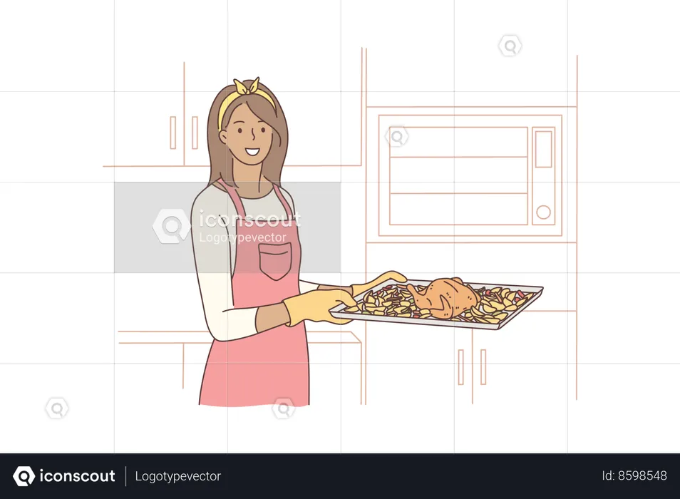 Femme tenant un plateau chaud poulet cuit au four  Illustration