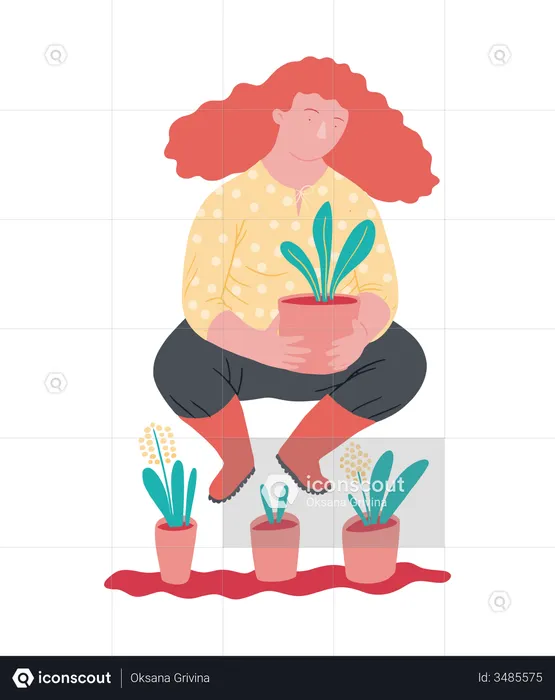 Femme tenant un pot de plante  Illustration