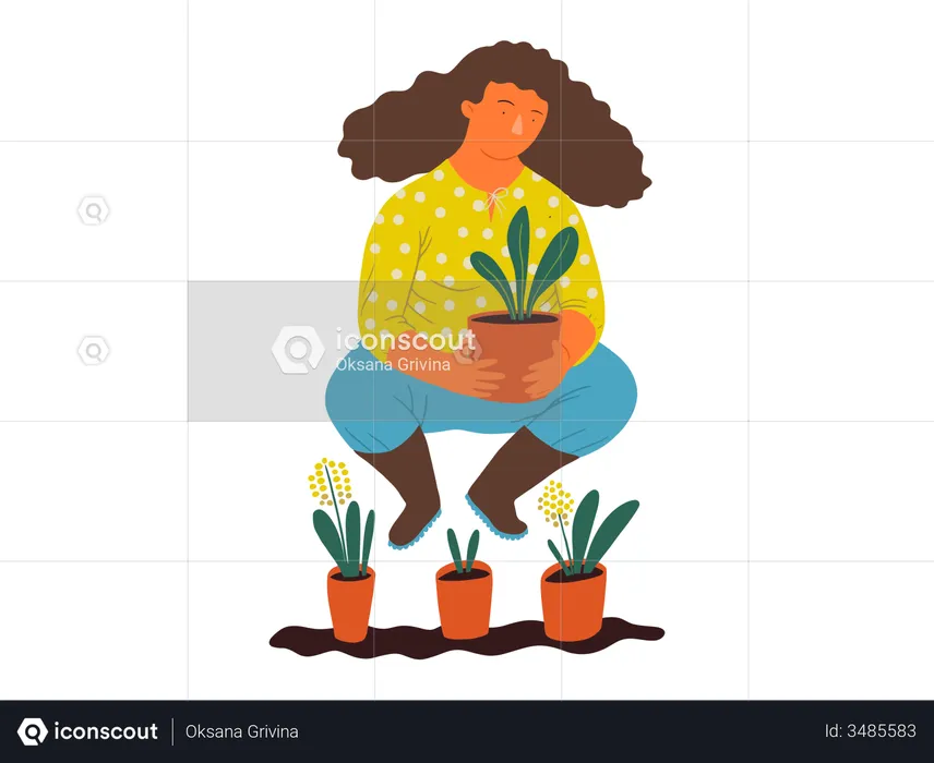 Femme tenant un pot de plante  Illustration