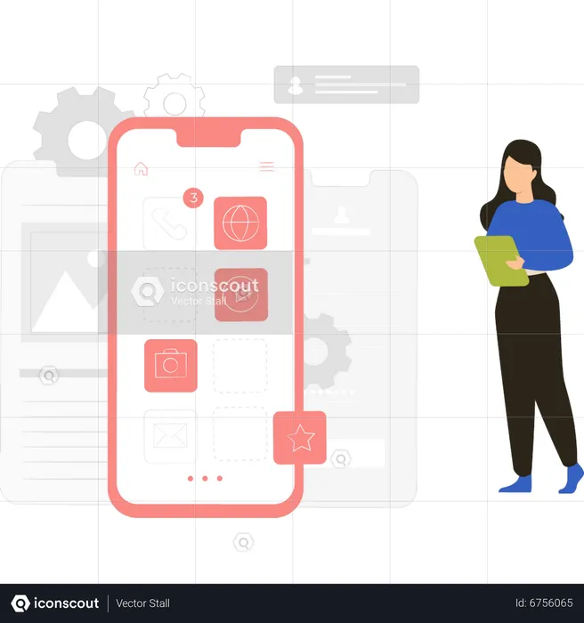 Femme testant la conception d’une application mobile  Illustration