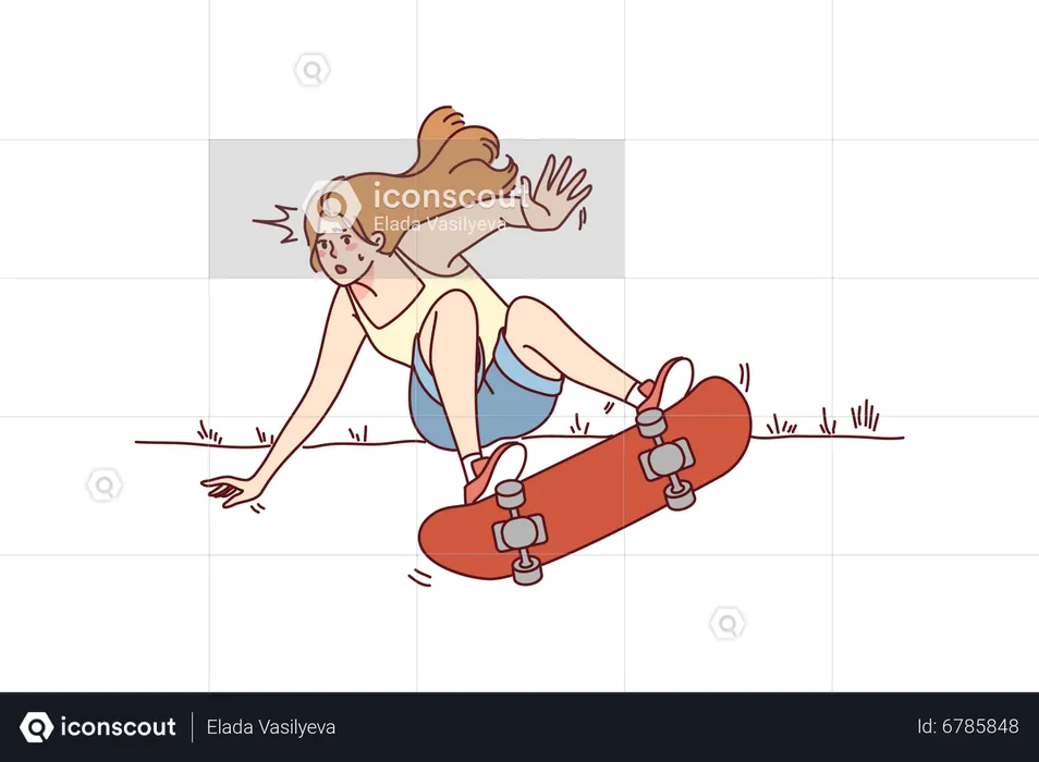 Femme tombant sur une planche à roulettes  Illustration