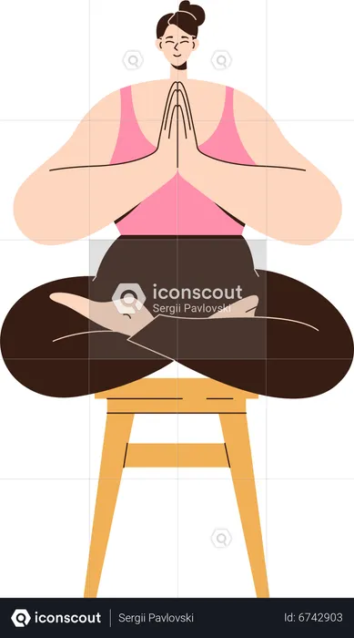 Femme tranquille sur un tabouret méditant assise avec les jambes croisées et les mains jointes en position Namaste  Illustration