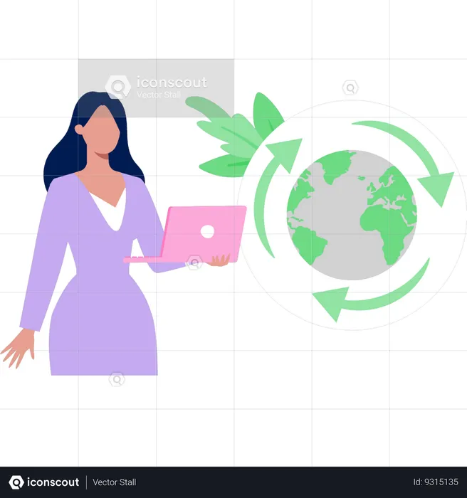 Femme travaillant dans un environnement mondial sur un ordinateur portable  Illustration