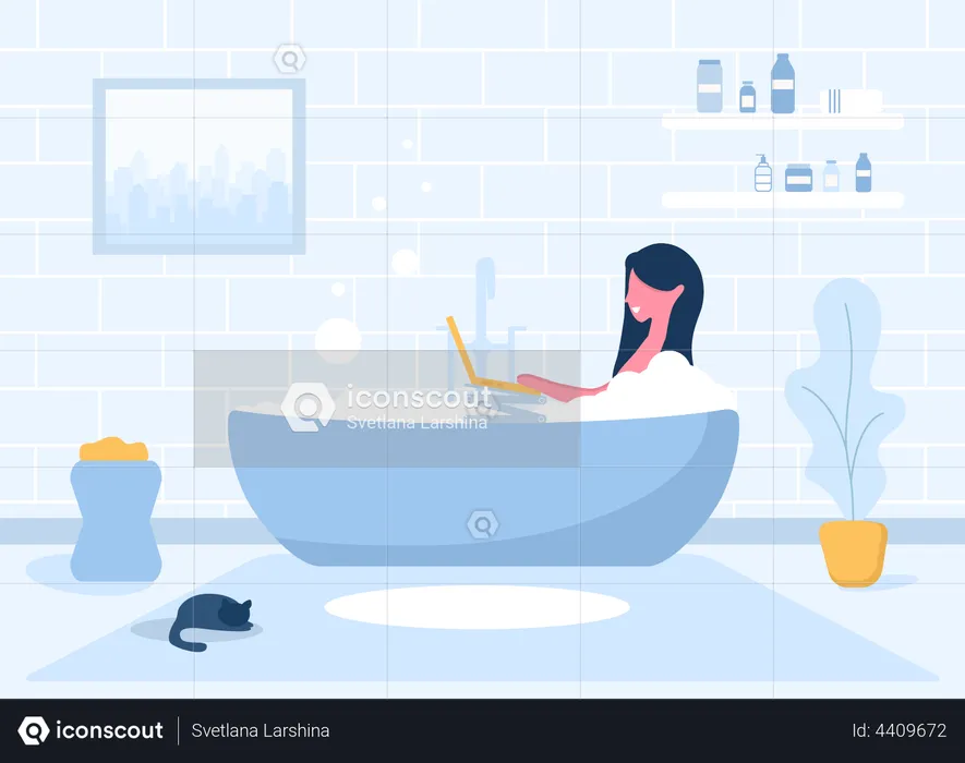 Femme travaillant pendant le bain  Illustration