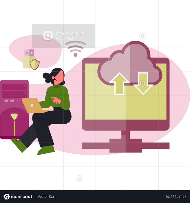 Femme travaillant sur le cloud computing  Illustration