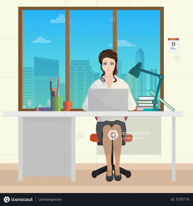 Femme travaillant sur un bureau au bureau  Illustration