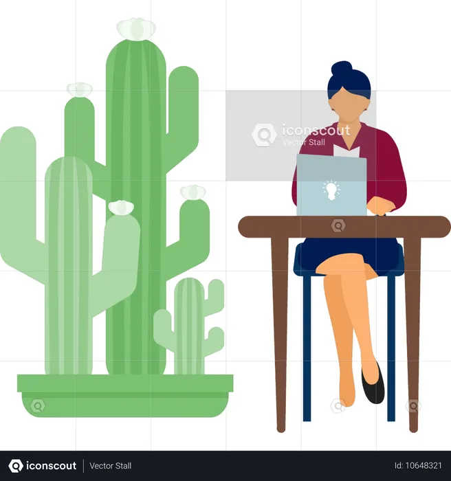 Femme travaillant sur une plante de cactus à doigts sur un ordinateur portable  Illustration