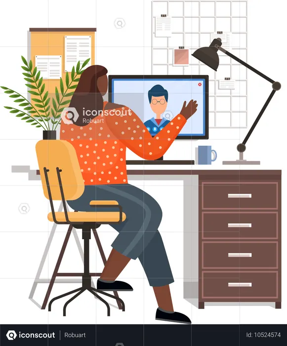 Une femme travaille sur un ordinateur à son domicile  Illustration