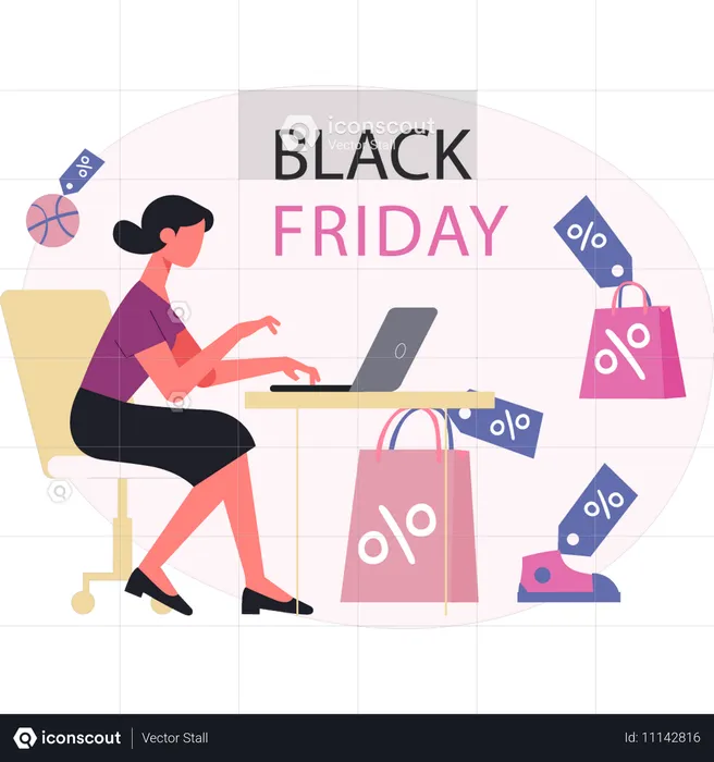 Une femme travaille sur un ordinateur portable lors d'une vente du Black Friday  Illustration