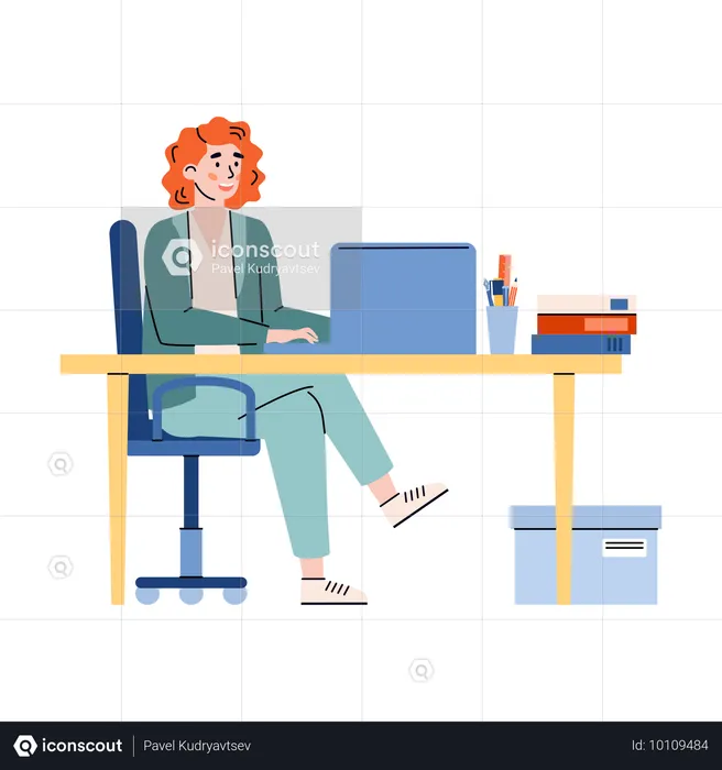 Une femme travaille au bureau avec un ordinateur portable  Illustration