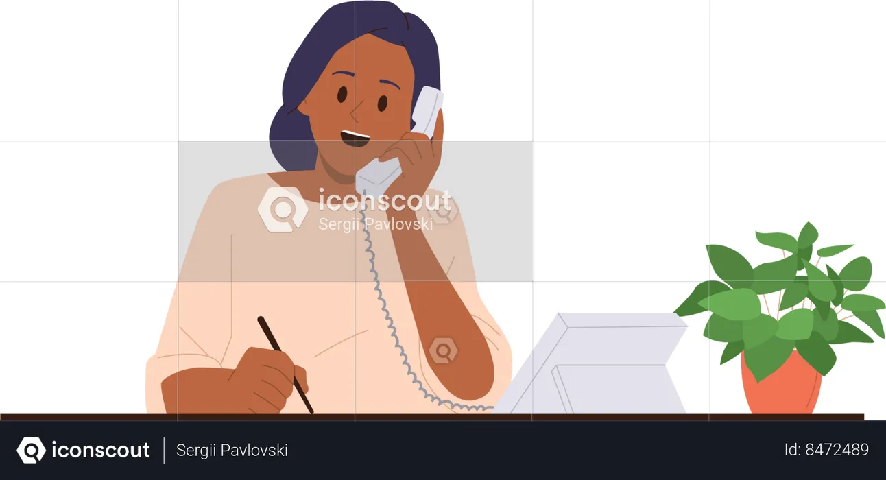 Travailleuse ayant un appel d'affaires parlant au téléphone  Illustration