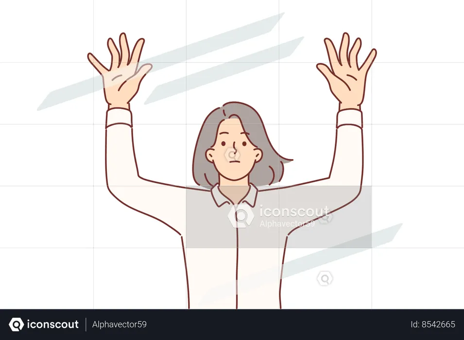 Une femme triste lève les mains, debout derrière un verre transparent  Illustration