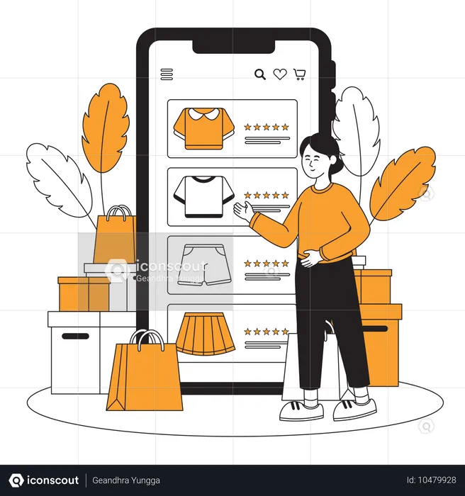 Une femme trouve les vêtements les mieux notés sur une application de commerce électronique  Illustration