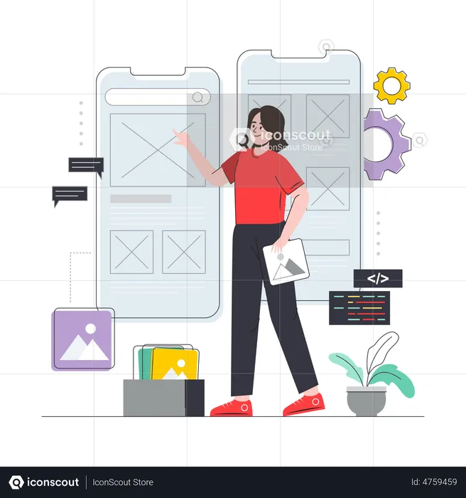 Conceptrice UI-UX travaillant sur la conception d'applications  Illustration