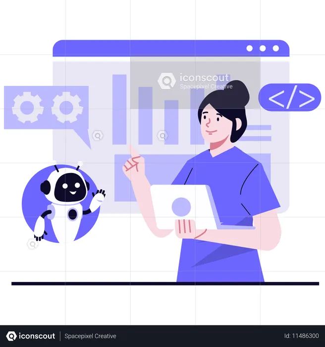 Une femme utilisant la visualisation de données par IA  Illustration