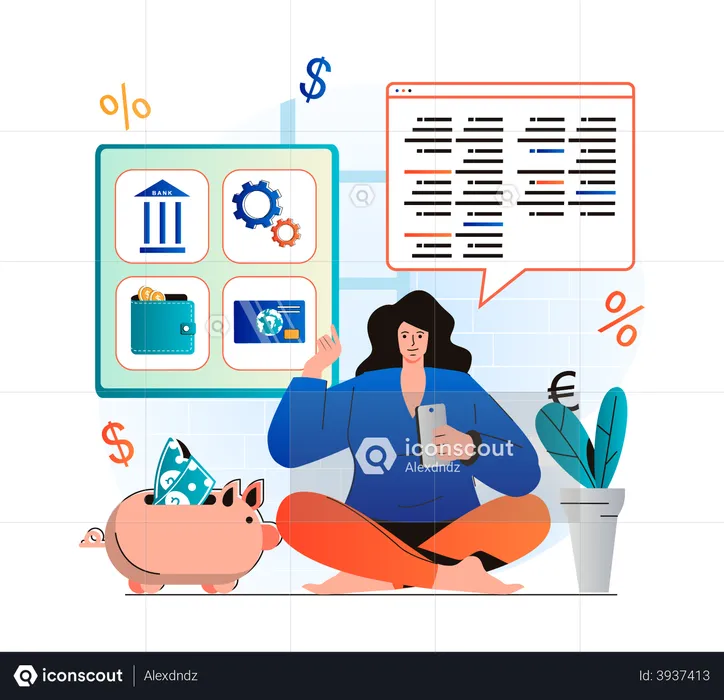 Femme utilisant une application bancaire mobile  Illustration