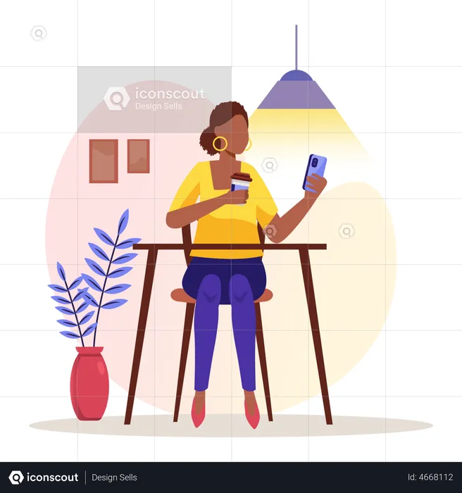 Femme utilisant un mobile en buvant du café  Illustration