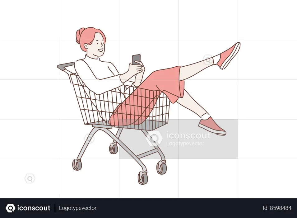 Femme utilisant un mobile dans un caddie  Illustration