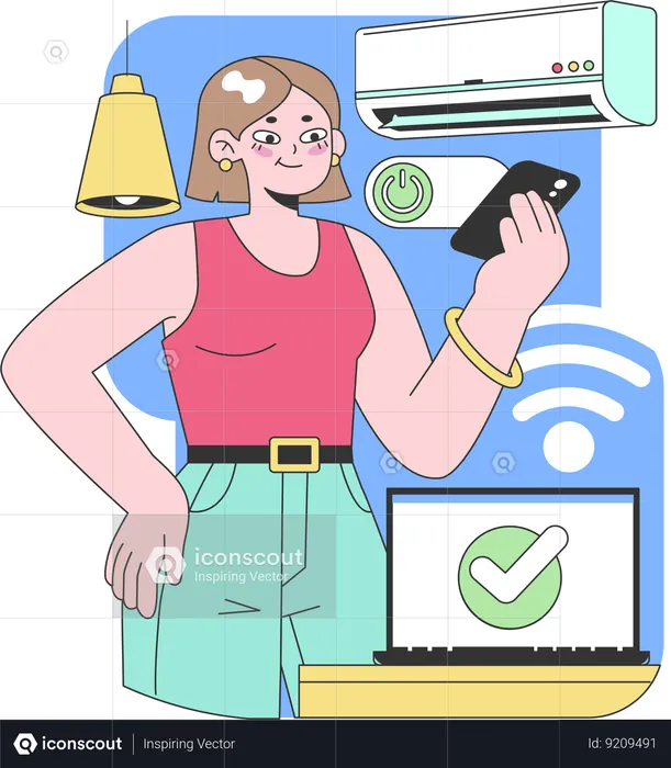 Femme utilisant un smartphone pour contrôler le climatiseur, l'éclairage et un ordinateur portable,  Illustration