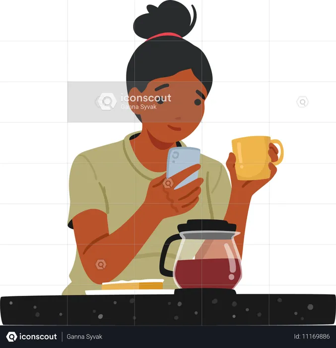 Femme utilisant un smartphone tout en savourant une tasse de café  Illustration