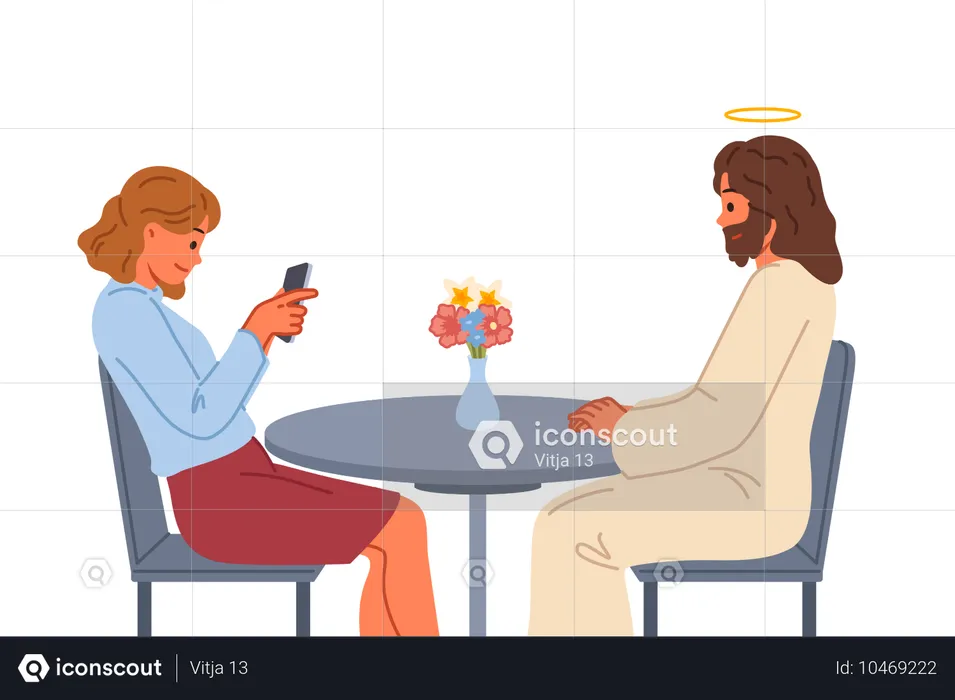 Une femme utilise un téléphone tout en étant assise avec Jésus-Christ  Illustration