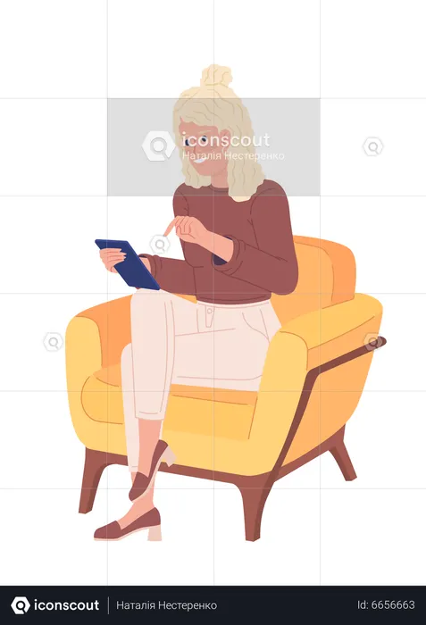 Femme utilisant un téléphone portable sur une chaise  Illustration