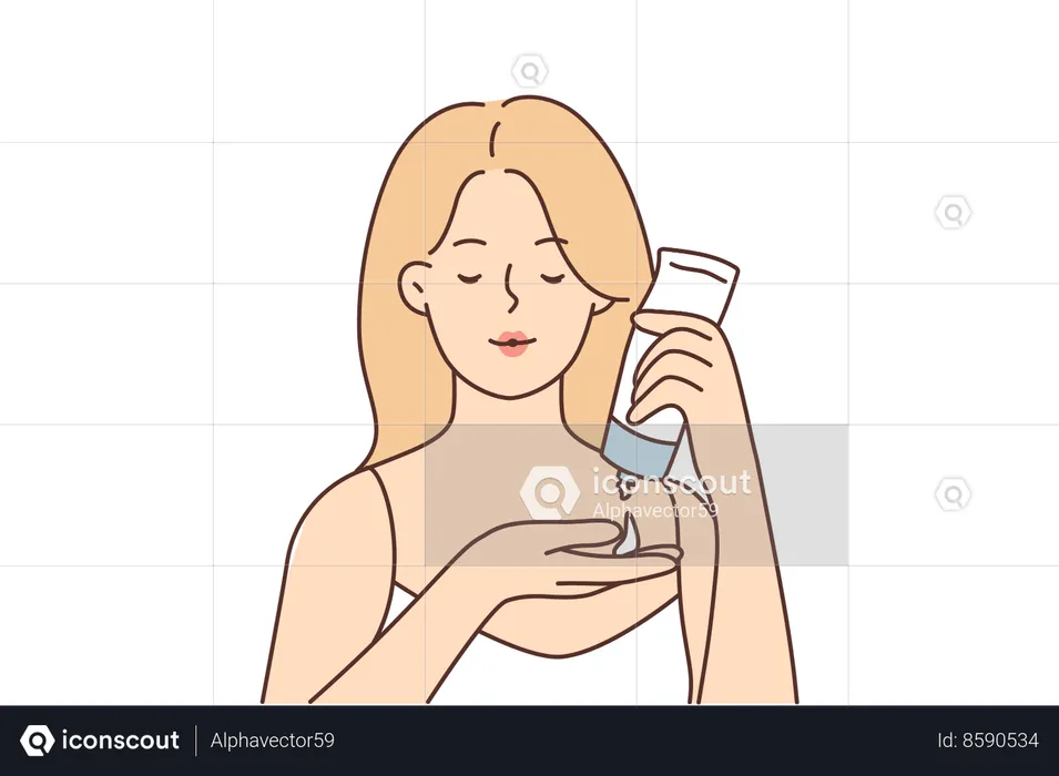 La femme utilise la crème hydratante pour le visage  Illustration