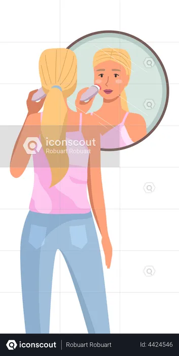 Une femme utilise un équipement pour nettoyer et frotter son visage  Illustration