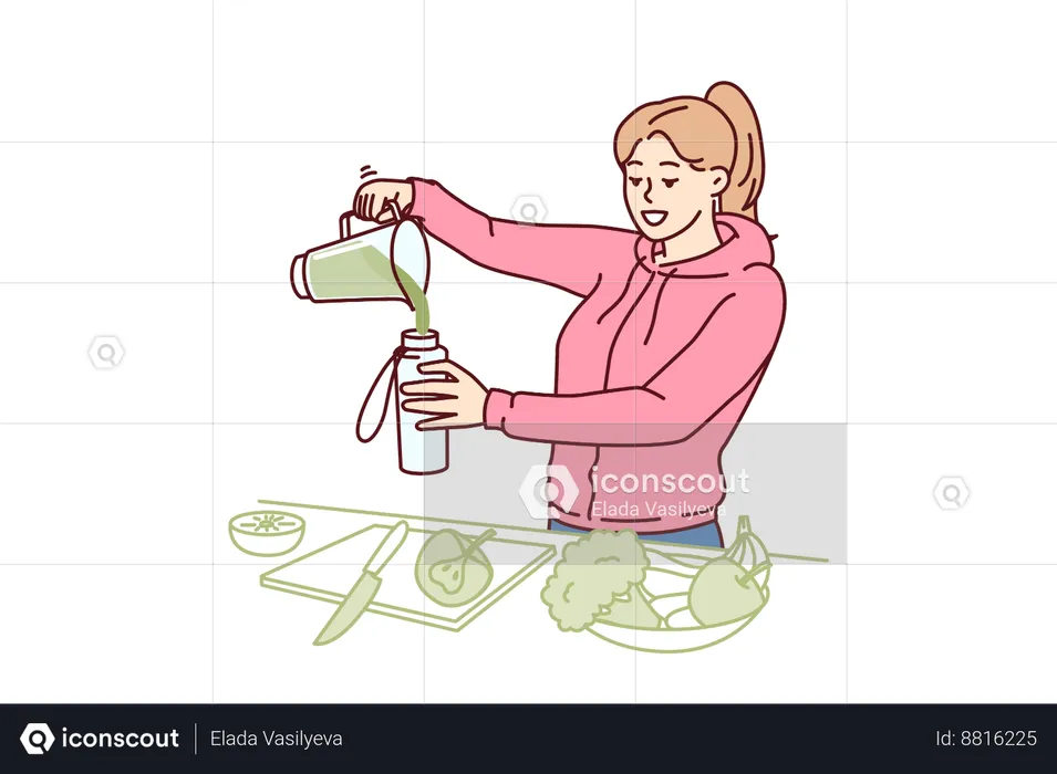 Une femme utilise un mixeur pour préparer un smoothie aux légumes  Illustration