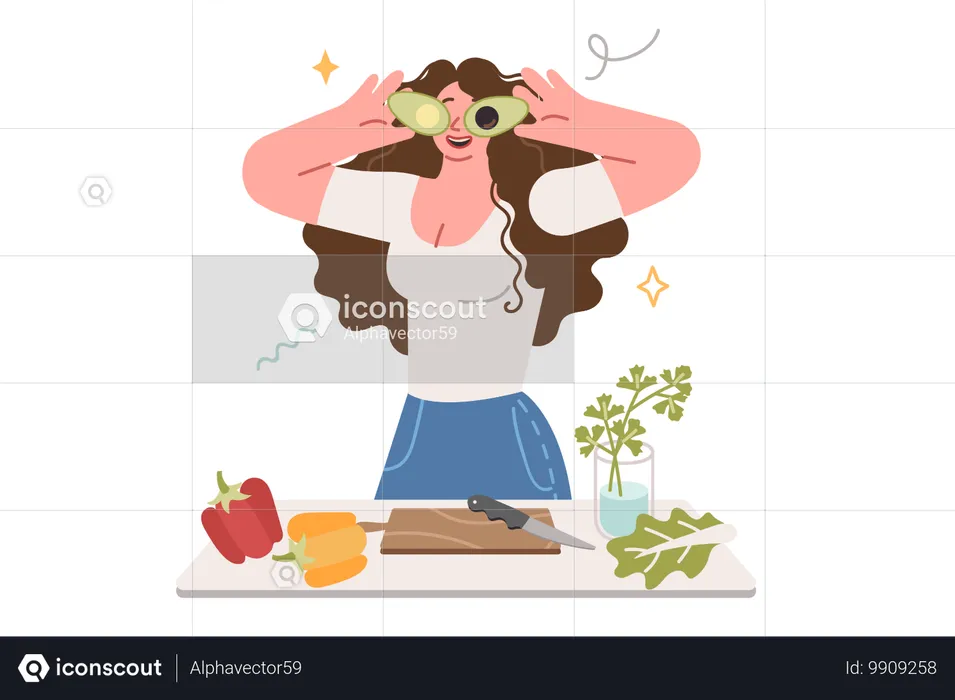 Une femme végétarienne prépare une salade de fruits et légumes frais  Illustration