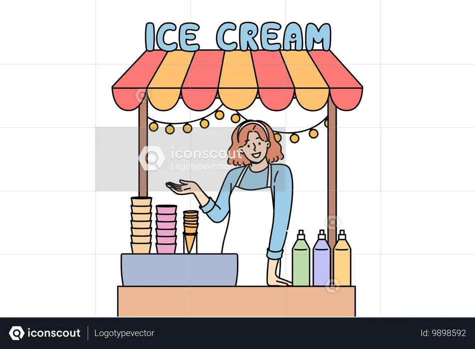 Une femme vend de la glace dans un étal de rue et fait un geste vous invitant à essayer un dessert froid  Illustration