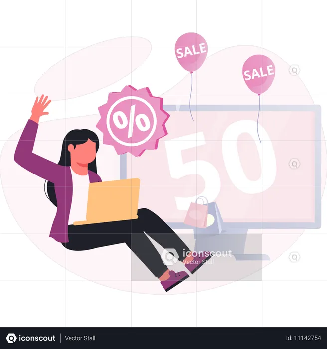 Une femme vérifie 50 % de réduction sur la vente  Illustration