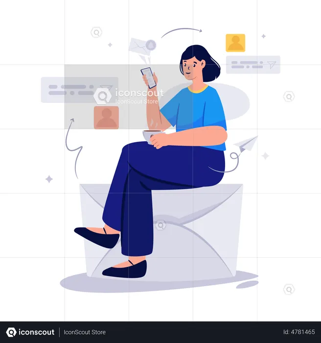 Femme vérifiant ses e-mails sur mobile  Illustration