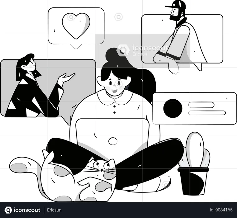 Une femme consulte toutes ses publications sur les réseaux sociaux  Illustration