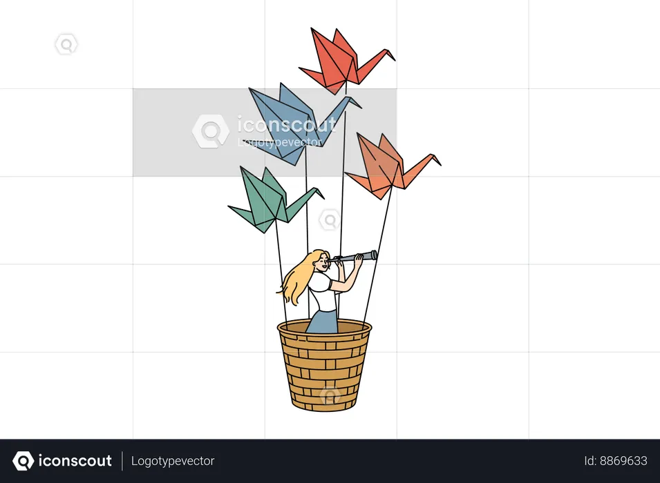 Femme vole en parachute d’avion en papier  Illustration