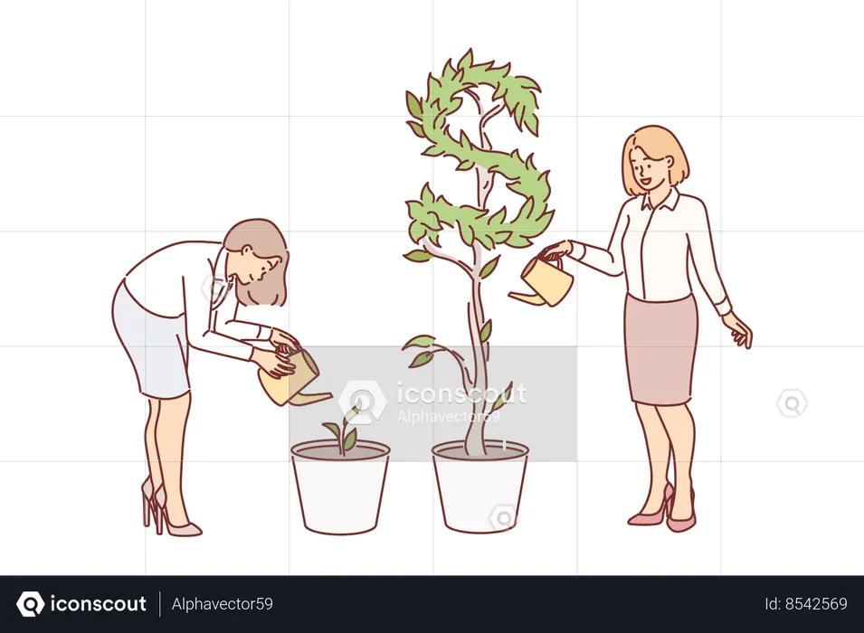 Les femmes d'affaires arrosant les plantes obtiennent des résultats différents sous forme de dividendes en espèces provenant des investissements  Illustration
