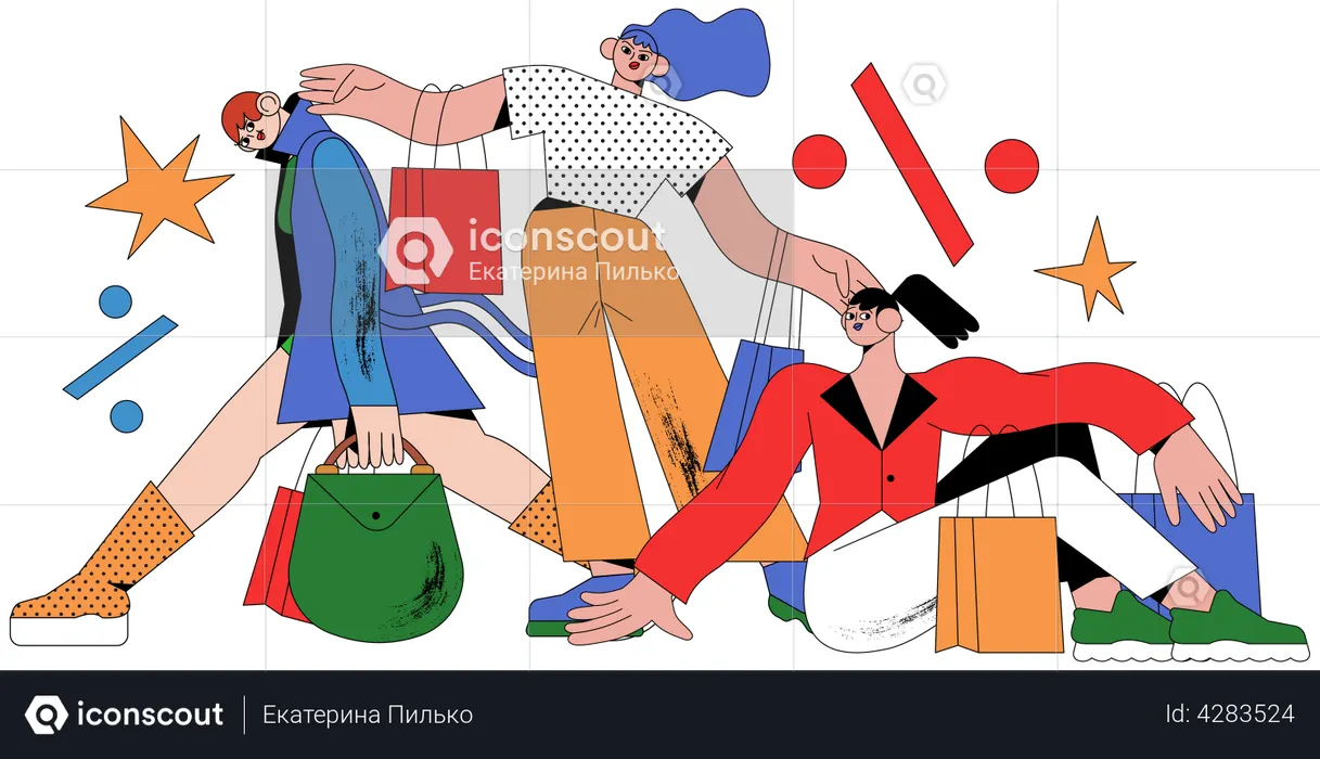 Femmes faisant des achats à prix réduits  Illustration