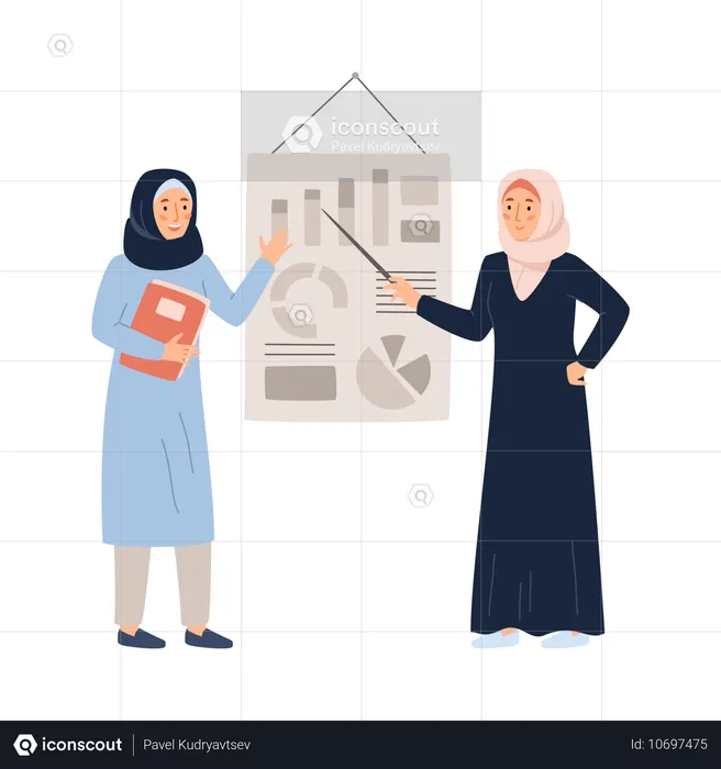 Des femmes musulmanes saoudiennes portent le hijab et font une présentation montrant une feuille de diagramme avec un graphique à secteurs sur le lieu de travail  Illustration