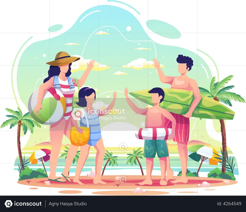 Férias na praia em família  Ilustração