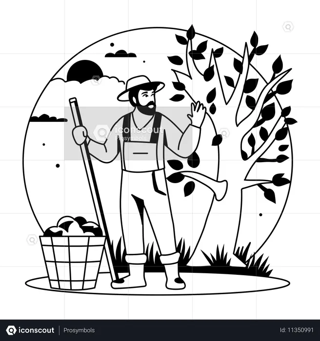 Un fermier debout dans une nuit douillette  Illustration