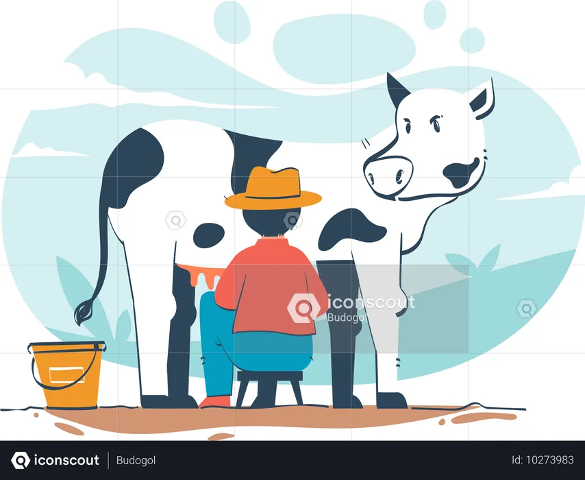 Agriculteur, traite, vache  Illustration