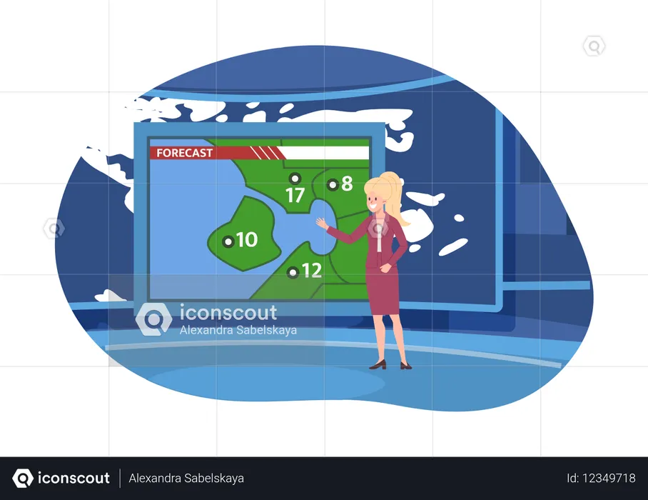 Fernsehmoderatorin sagt Wettervorhersage und Temperatur in verschiedenen Städten  Illustration